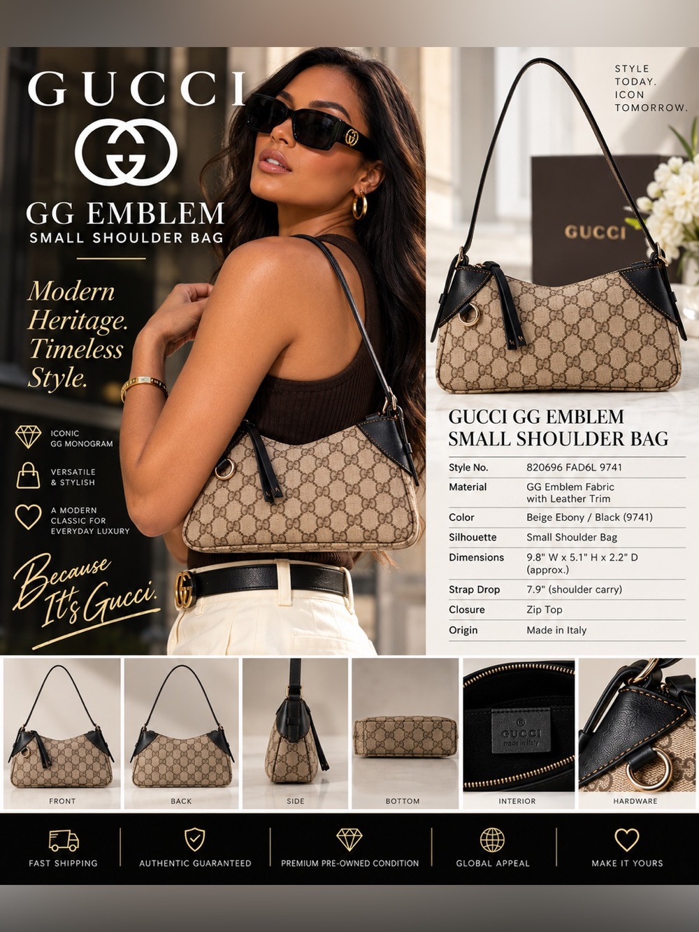 NWT Gucci GG Icon Mini Shoulder Bag - Beige with Black Trim